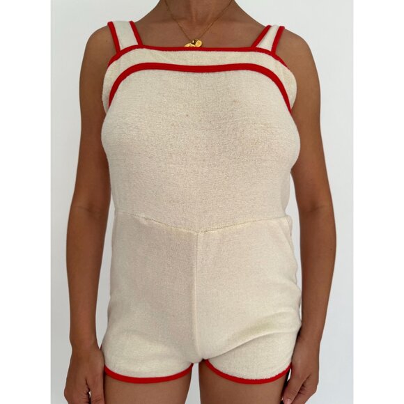 60s 70s vintage red cream ringer terry cloth mini romper shorts playsuit small - Picture 6 of 10